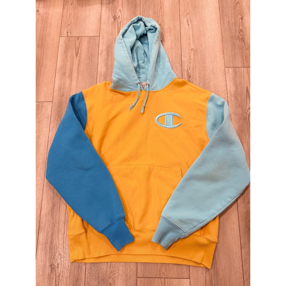 Champion Reverse Weave Colorblock Hoodie Mens Yellow Blue Large Logo Sweatshirt